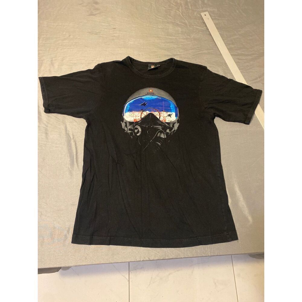 Swiss Military Shirt Mens Small Black Fighter Jet Pilot Graphic Tee
